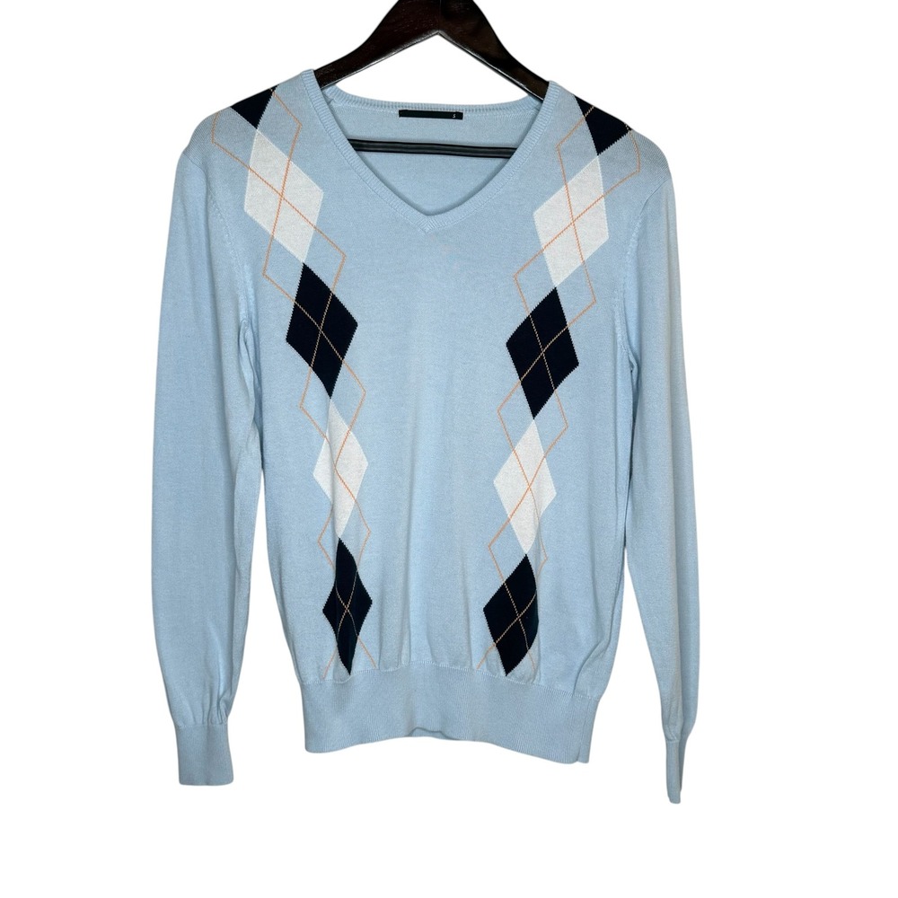 Uniqlo Argyle V-Neck Sweater Small Light Blue Cotton Preppy Dark Academia